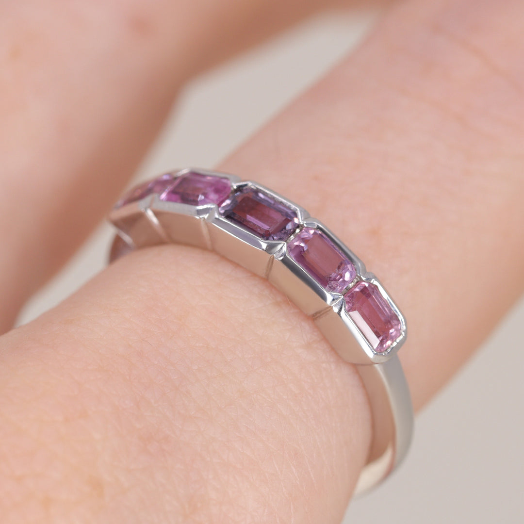 Primrose - Emerald Cut Pink Sapphire 5 Stone Ring in 9ct White Gold - Ready-to-Wear