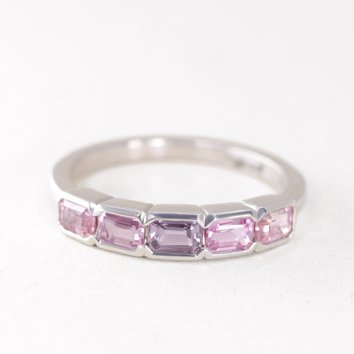 Primrose - Emerald Cut Pink Sapphire 5 Stone Ring in 9ct White Gold - Ready-to-Wear