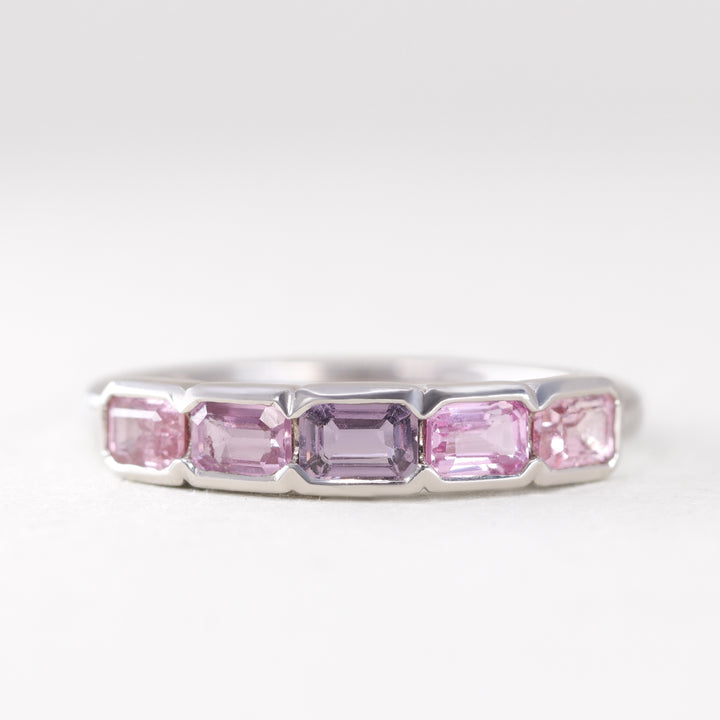 Primrose - Emerald Cut Pink Sapphire 5 Stone Ring in 9ct White Gold - Ready-to-Wear