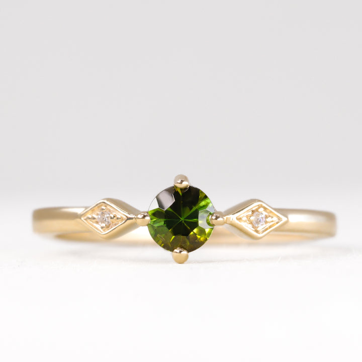 Hollie - Round Optix Cut Green Tourmaline Art Deco Trilogy Engagement Ring - Ready-to-Wear