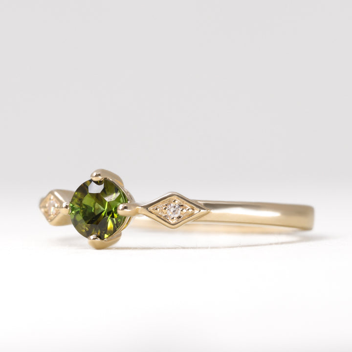 Hollie - Round Optix Cut Green Tourmaline Art Deco Trilogy Engagement Ring - Ready-to-Wear