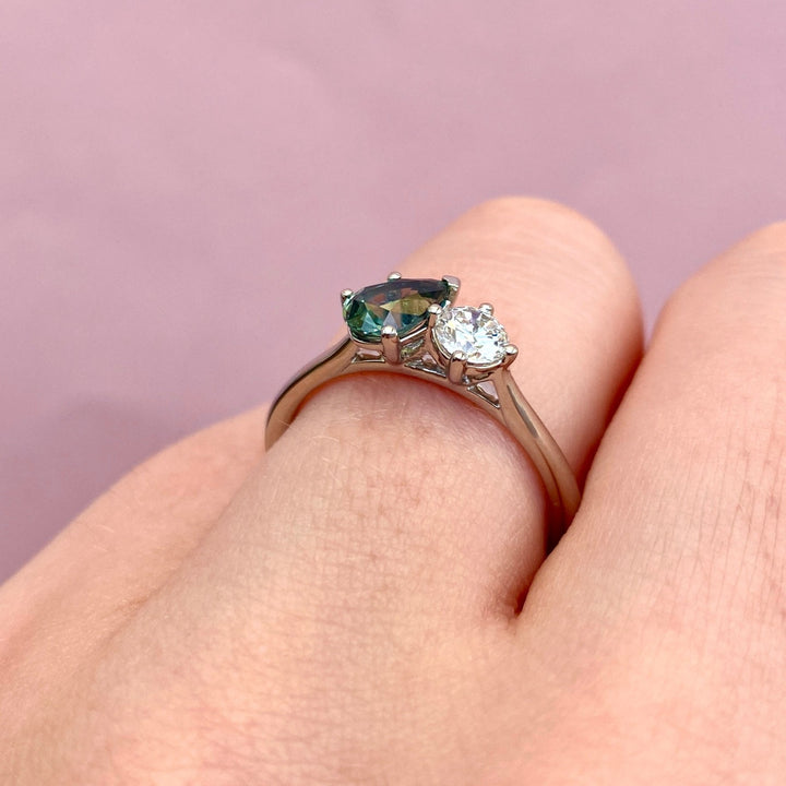 Juno - Dopamine by Jessica Flinn - Teardrop/Pear Cut Teal Sapphire and Round Brilliant Cut Lab Grown Diamond Toi et Moi Style Ring - Made-to-Order