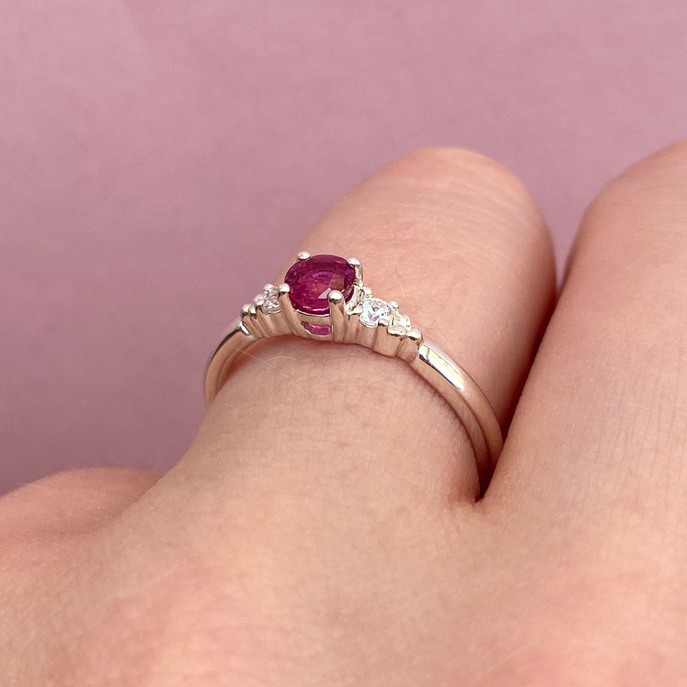 Natalia - Round Brilliant Cut Ruby or Red Tourmaline and Diamond Delicate Trilogy Engagement Ring - Made-to-Order