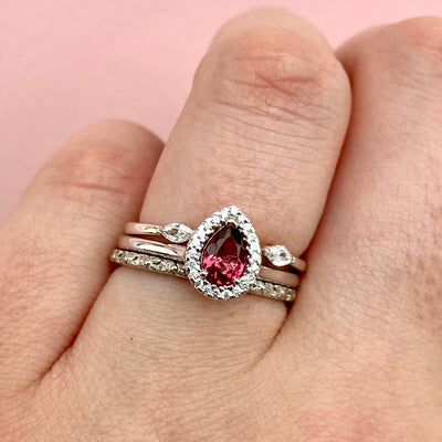 Winter - Petite Teardrop/Pear Cut Ruby or Pink/Red Tourmaline and Diamond Halo Engagement Ring - Made-to-Order