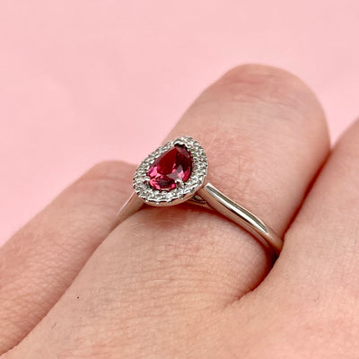 Winter - Petite Teardrop/Pear Cut Ruby or Pink/Red Tourmaline and Diamond Halo Engagement Ring - Made-to-Order