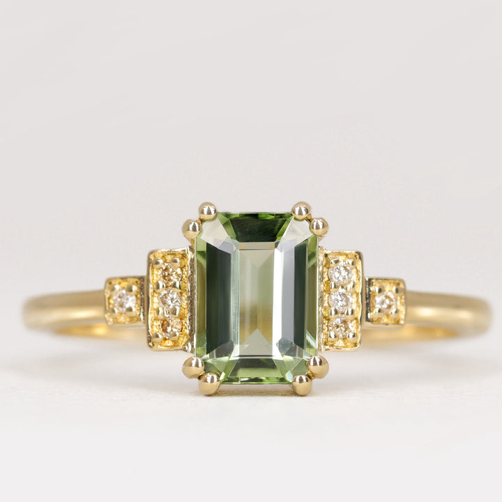 Grace - Emerald Cut Green Tourmaline Cluster Engagement Ring - Ready-to-Wear