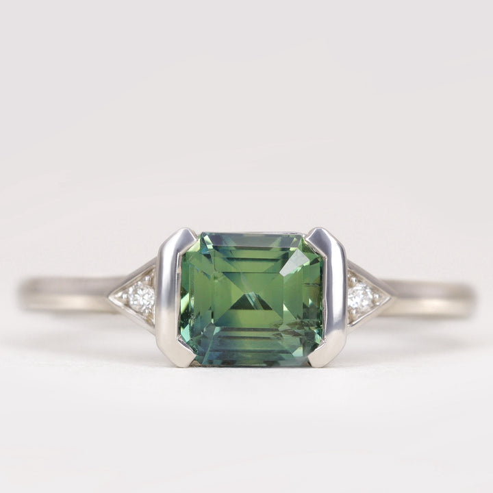 Hattie - Emerald Cut Teal Sapphire Art Deco Trilogy Engagement Ring - Ready-To-Wear