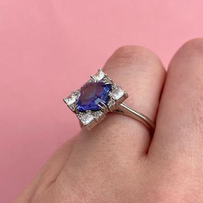 Scarlett - Dopamine by Jessica Flinn - Asscher Cut Blue Sapphire Engagement Ring with Diamond Halo - Custom Made-to-Order Design