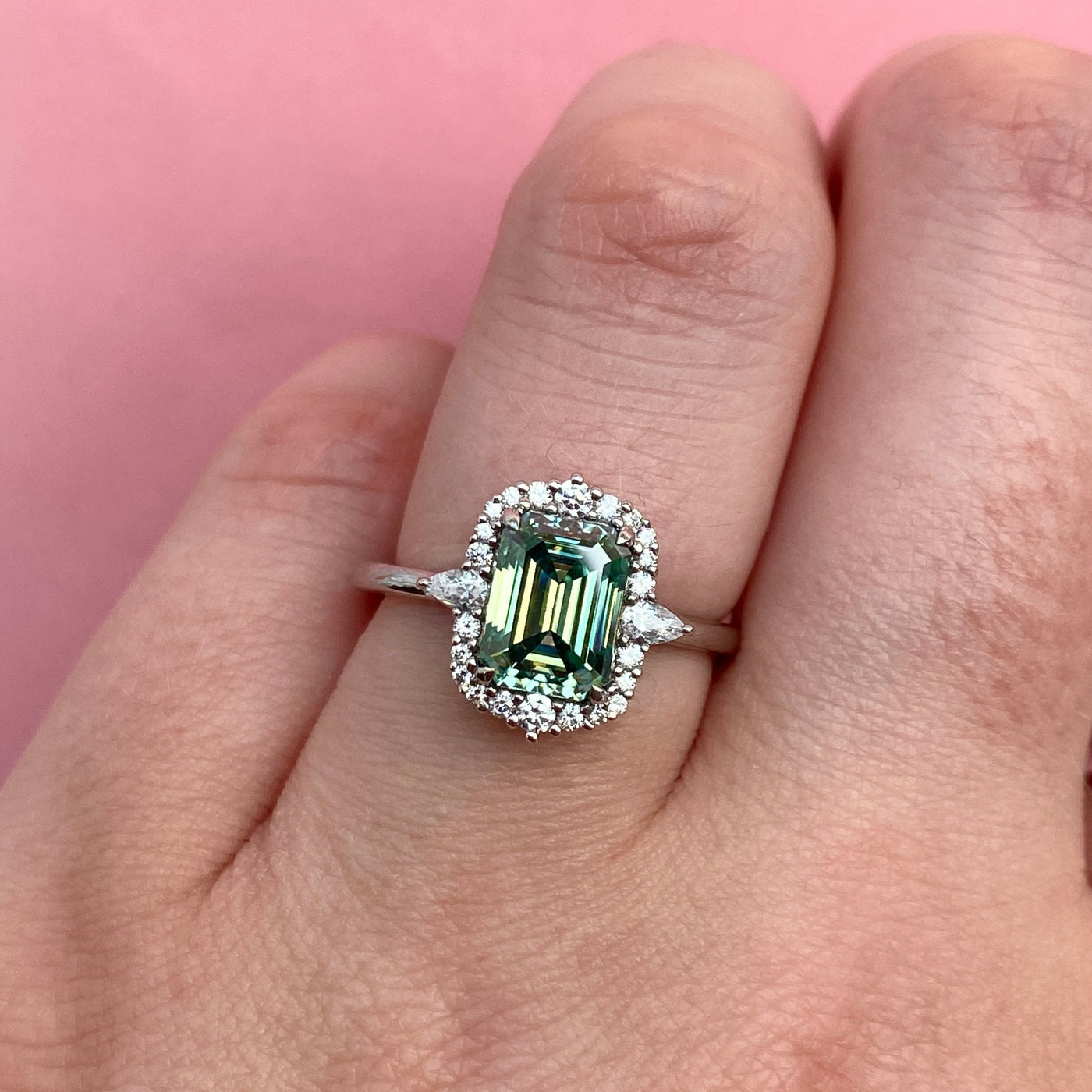Cordelia - Emerald Cut Teal Moissanite Ring with Graduated Halo - Custom Made-to-Order Design