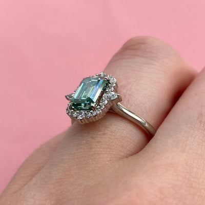 Cordelia - Emerald Cut Teal Moissanite Ring with Graduated Halo - Custom Made-to-Order Design