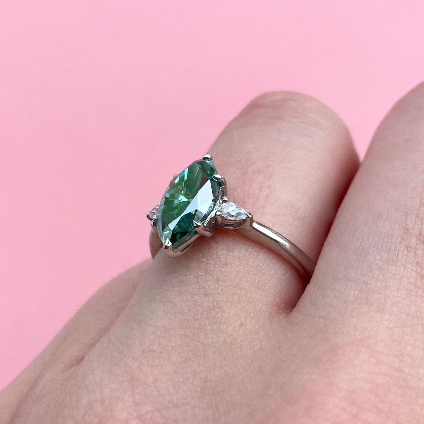 Elspeth - Marquise Cut Teal Moissanite Engagement Ring with Pear Cut Side Stones - Custom Made-to-Order Design