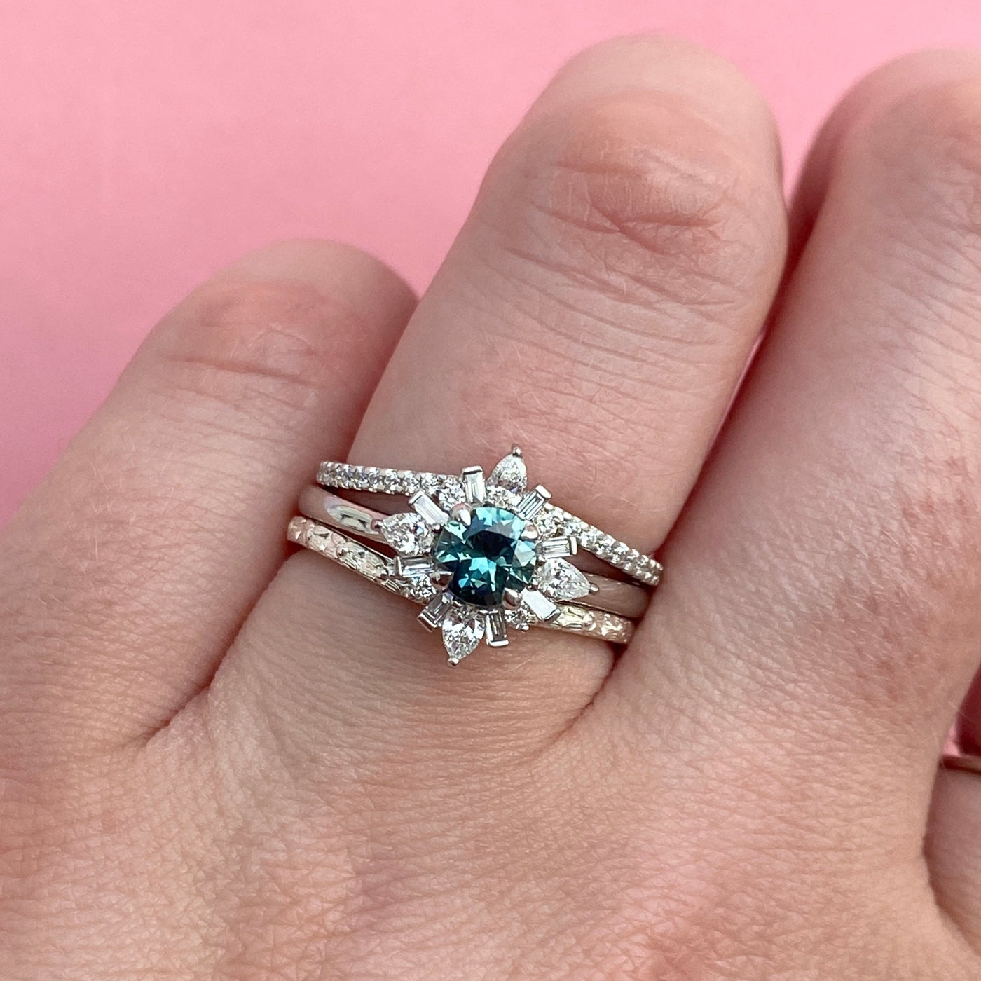 Elsa - Dopamine by Jessica Flinn - Round Teal Sapphire and Diamond Halo Engagement Ring in Platinum - Ready-to-Wear