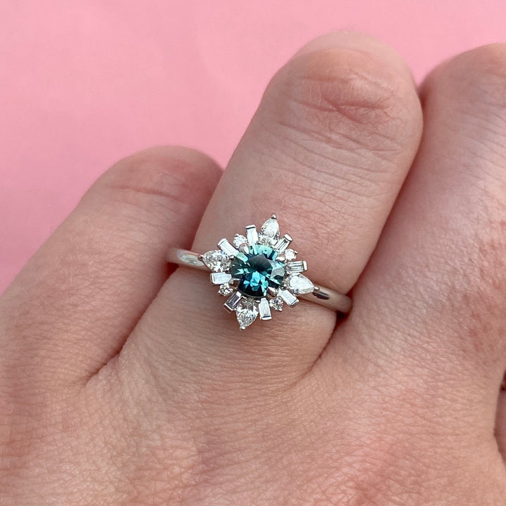 Elsa - Dopamine by Jessica Flinn - Round Teal Sapphire and Diamond Halo Engagement Ring in Platinum - Made-To-Order