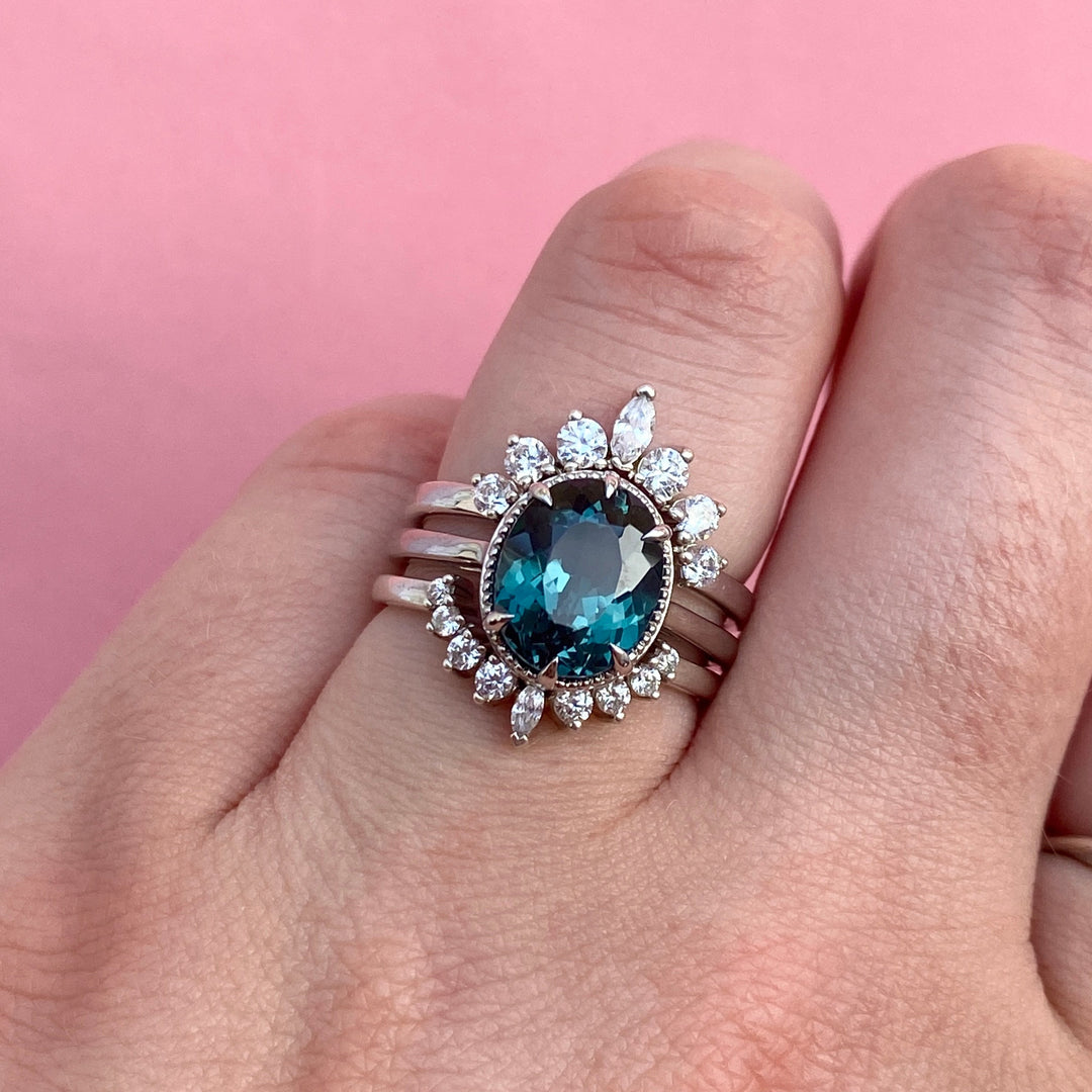 Georgia - Dopamine by Jessica Flinn - Oval Cut Teal Tourmaline Solitaire Engagement Ring with Beading - Custom Made-to-Order Design