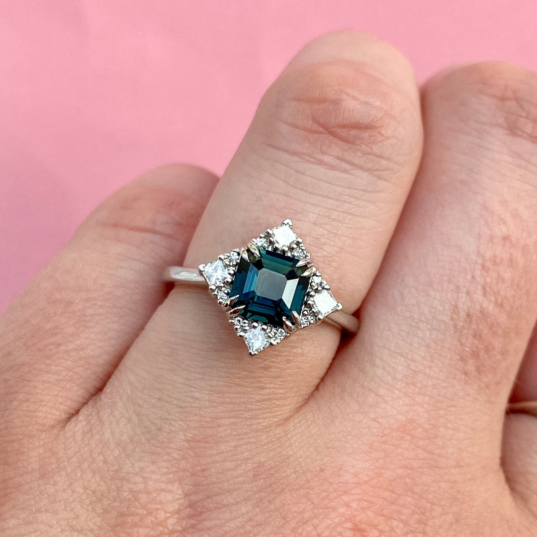 Scarlett - Dopamine by Jessica Flinn - Emerald Cut Teal Sapphire Engagement Ring with Diamond Halo in Platinum - Ready-to-Wear