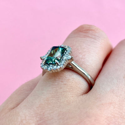 Cordelia - Dopamine by Jessica Flinn - Radiant Cut Teal Sapphire Engagement Ring with Graduated Lab Grown Diamond Halo - Made-To-Order