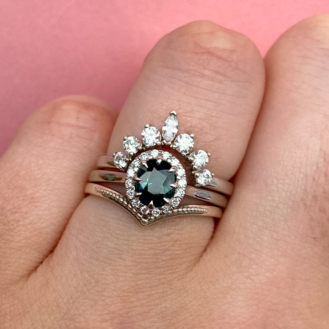 Charlotte - Oval Cut Teal Sapphire Ring with Hugging Halo - Made-to-Order