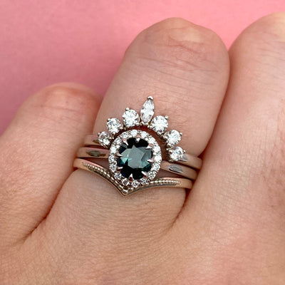 Charlotte - Oval Cut Australian Teal Sapphire Ring with Hugging Halo in Platinum - Ready-to-Wear
