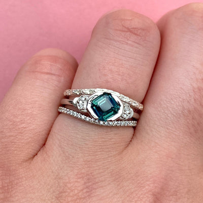 Frida - Dainty Deco Collection - Half Rubover Emerald Cut Teal Sapphire Engagement Ring in Platinum - Ready-to-Wear