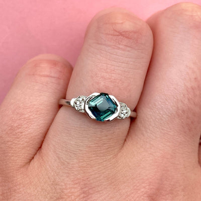 Frida - Dainty Deco Collection - Half Rubover Emerald Cut Teal Sapphire Engagement Ring in Platinum - Ready-to-Wear