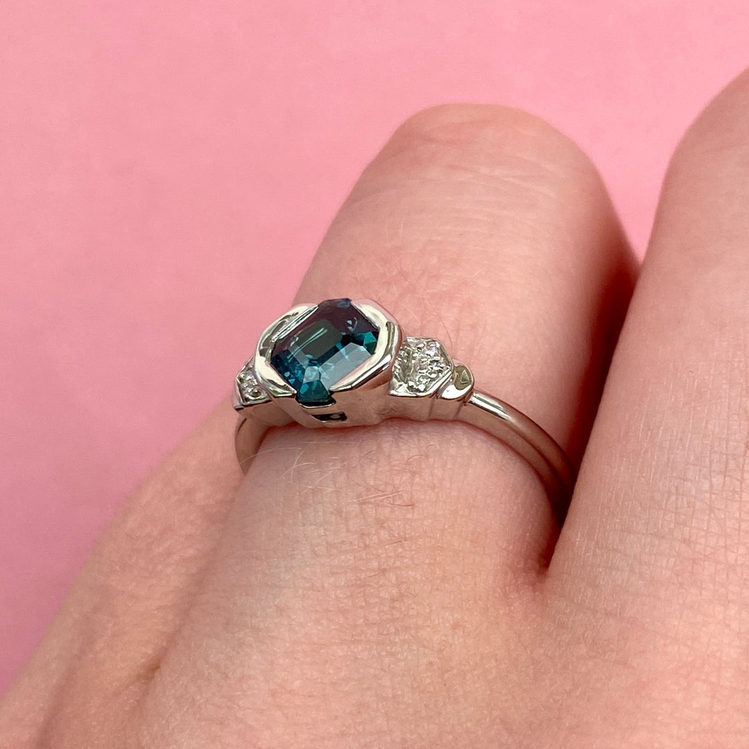 Frida - Dainty Deco Collection - Half Rubover Emerald Cut Teal Sapphire Engagement Ring - Custom Made-to-Order Design