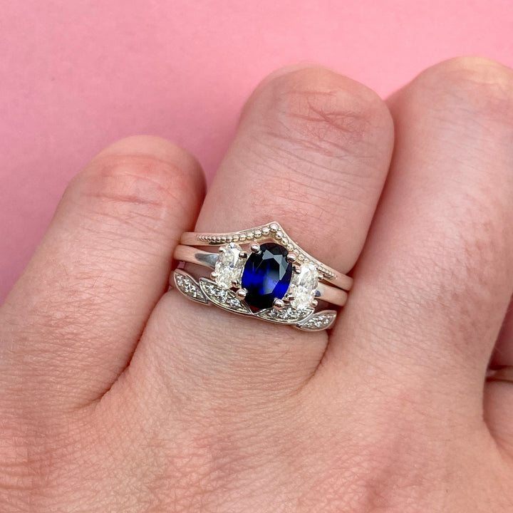 Effie - Oval Cut Blue Sapphire and Diamond Art Deco Style Trilogy Ring - Made-to-Order