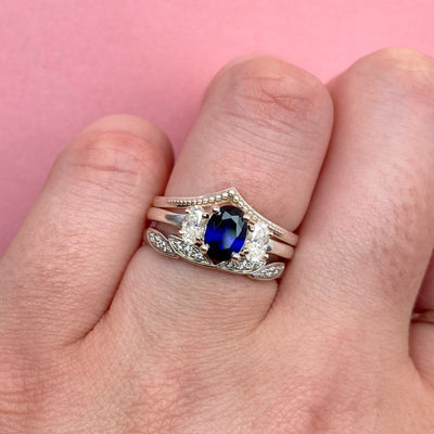 Effie - Oval Cut Blue Sapphire and Diamond Art Deco Style Trilogy Ring - Made-to-Order