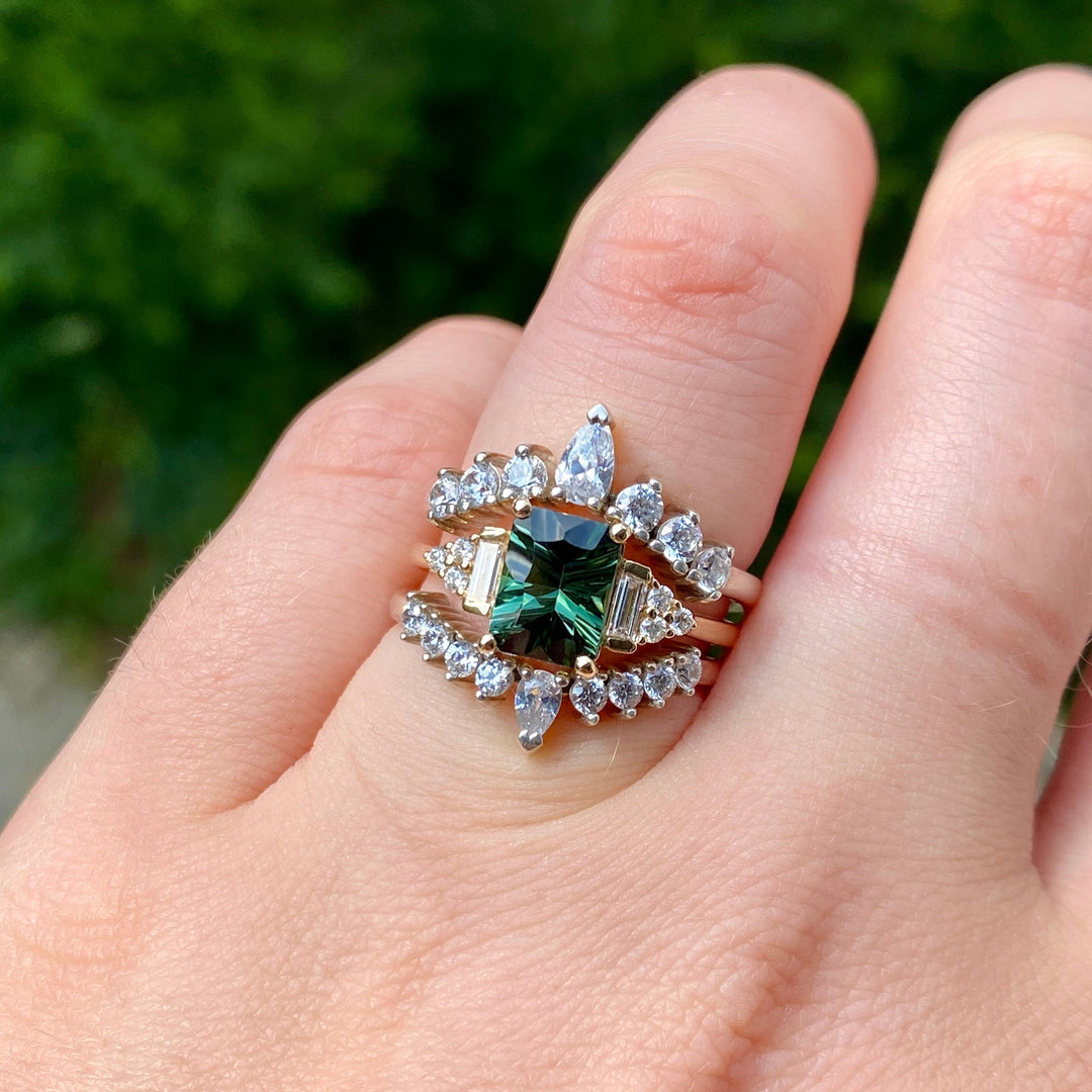 Arden - Optix Octagon Cut Green Teal Tourmaline Art Deco Engagement Ring with Lab Grown Diamond Side Stones - Made-to-Order