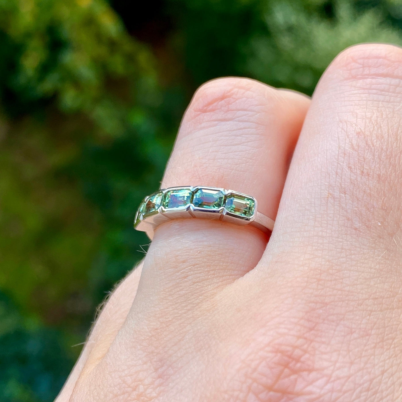 Sage - Emerald Cut Green Sapphire 5 Stone Half Rubover Eternity Style Ring in 9ct White Gold - Ready-to-Wear