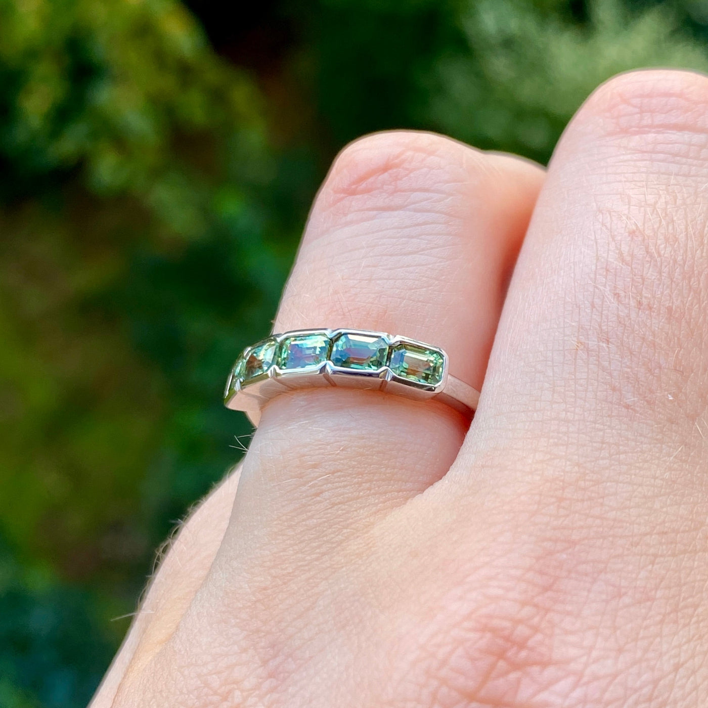 Sage - Emerald Cut Green Sapphire 5 Stone Half Rubover Eternity Style Ring - Made-to-Order