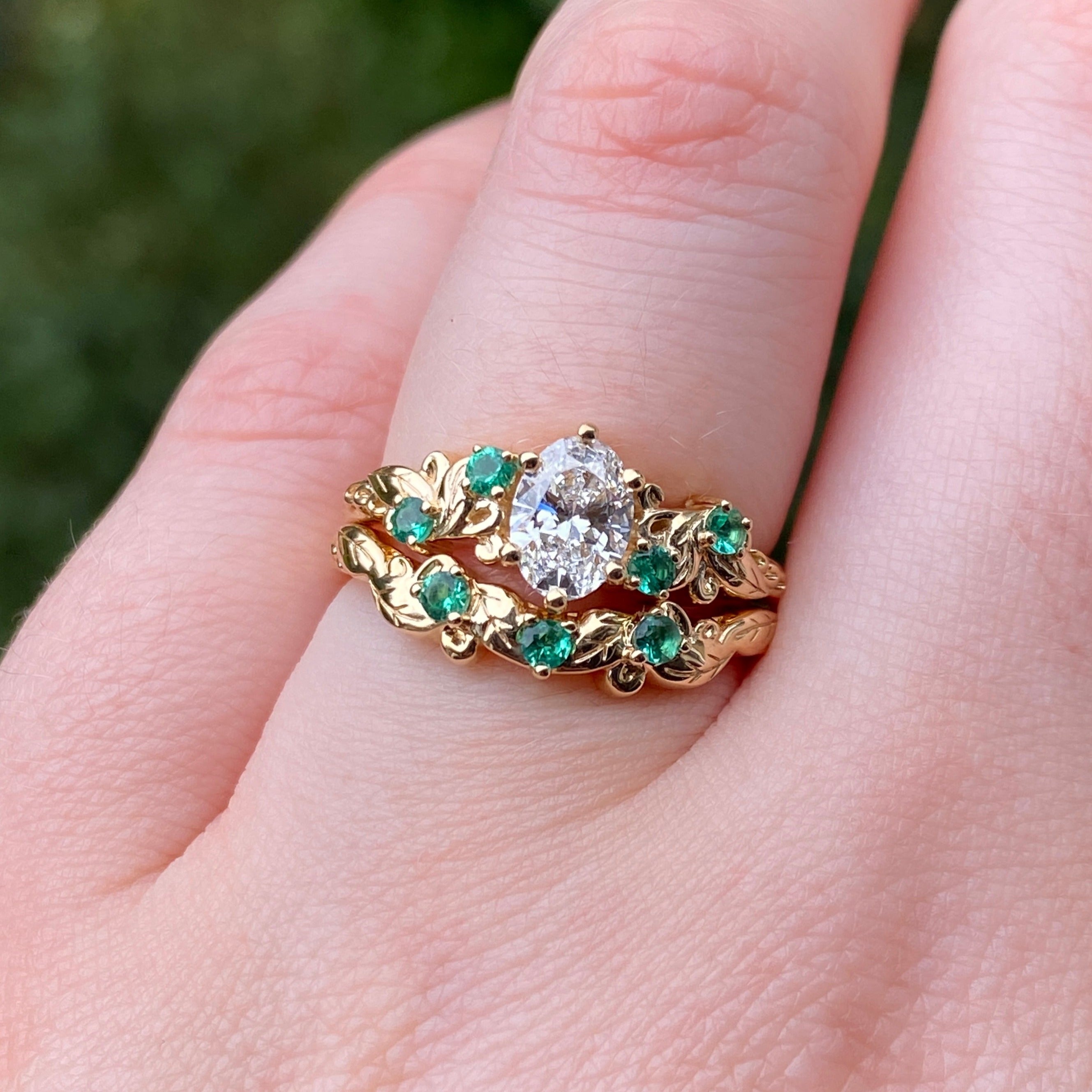 Unique Lab created Emerald hotsell Engagement Ring,Vintage white gold Engagement Ring,Nature Inspired Leaf and vine Ring,bridal ring set for her