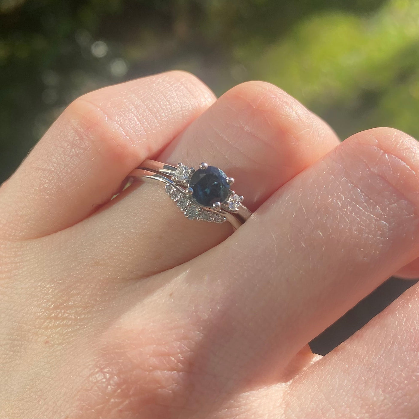 Millie - Round Brilliant Cut Blue Sapphire and Lab Grown Diamond Trilogy Engagement Ring in Platinum - Ready-to-Wear