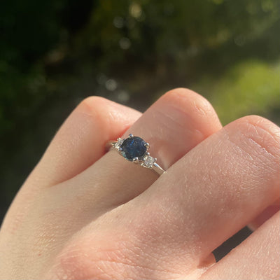 Millie - Round Brilliant Cut Blue Sapphire and Lab Grown Diamond Trilogy Engagement Ring in Platinum - Ready-to-Wear