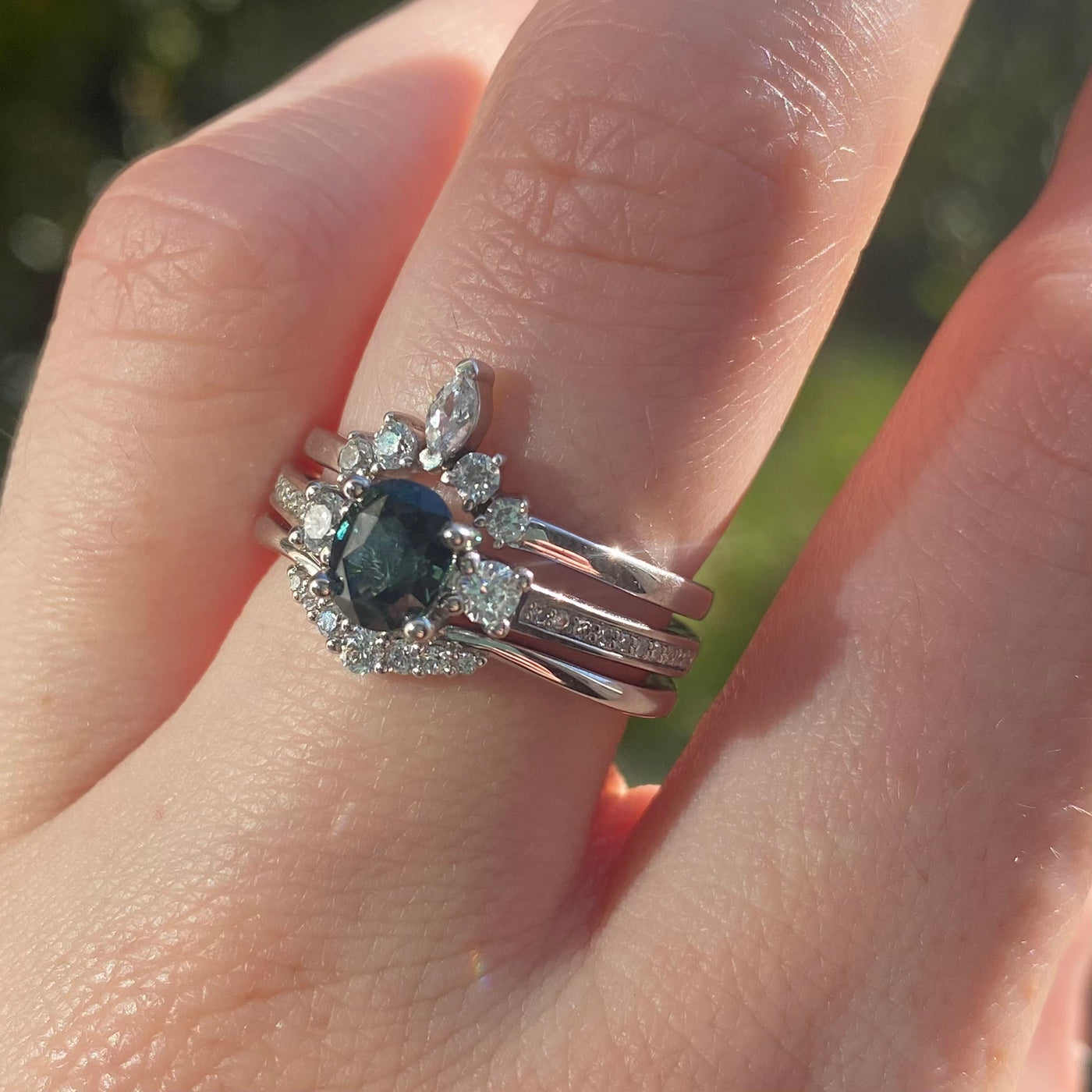 Callie - Oval Cut Teal Sapphire and Round Brilliant Cut Lab Grown Diamond Trilogy Engagement Ring in Platinum - Ready-to-Wear