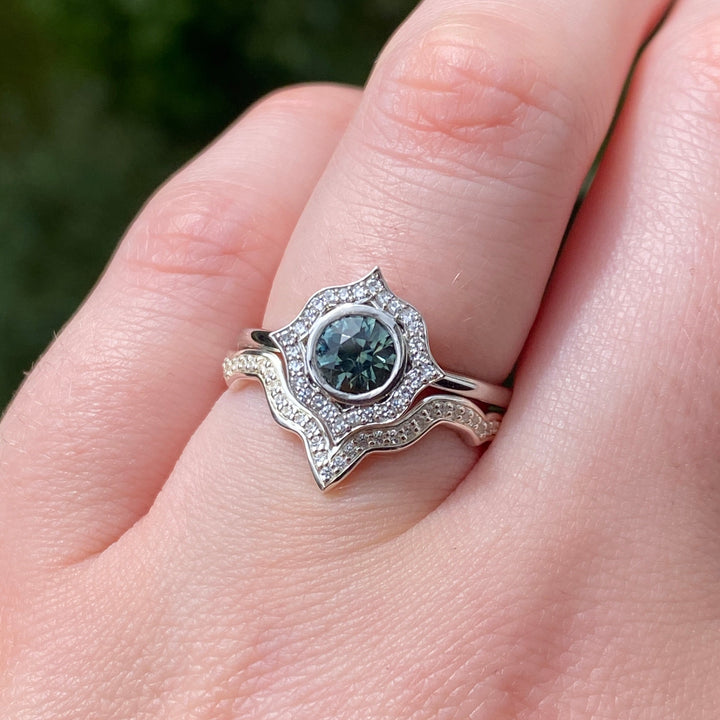 Antonia - The Botanicals Collection - Round Brilliant Cut Teal Sapphire Bezel Rubover Set Art Nouveau Halo Engagement Ring In Platinum - Ready-To-Wear