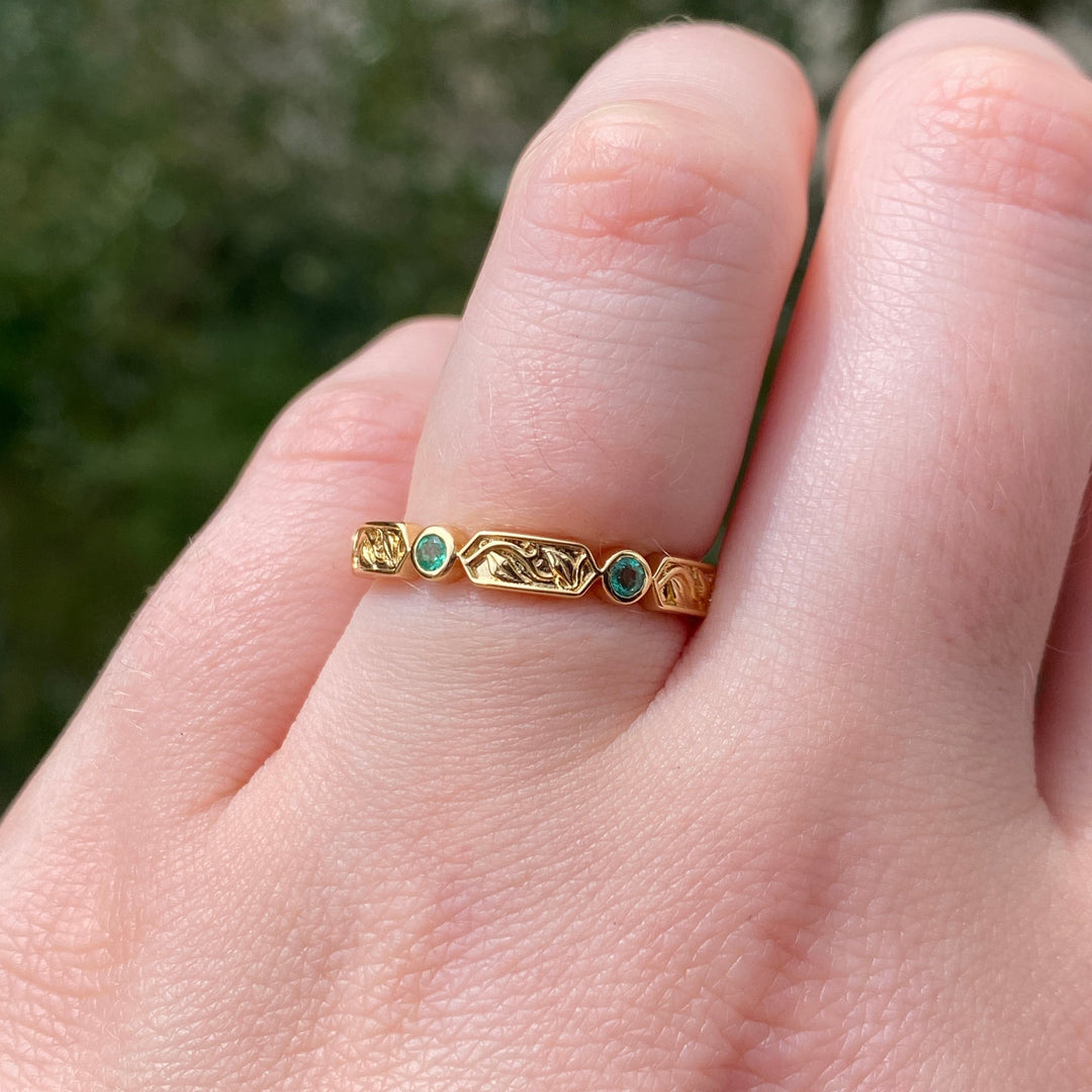 Fern - The Botanicals Collection - Vine/Leaf Motif Geometric Emerald, Ruby or Blue Sapphire Set Floral Art Nouveau Style Wedding Band - Made-to-Order