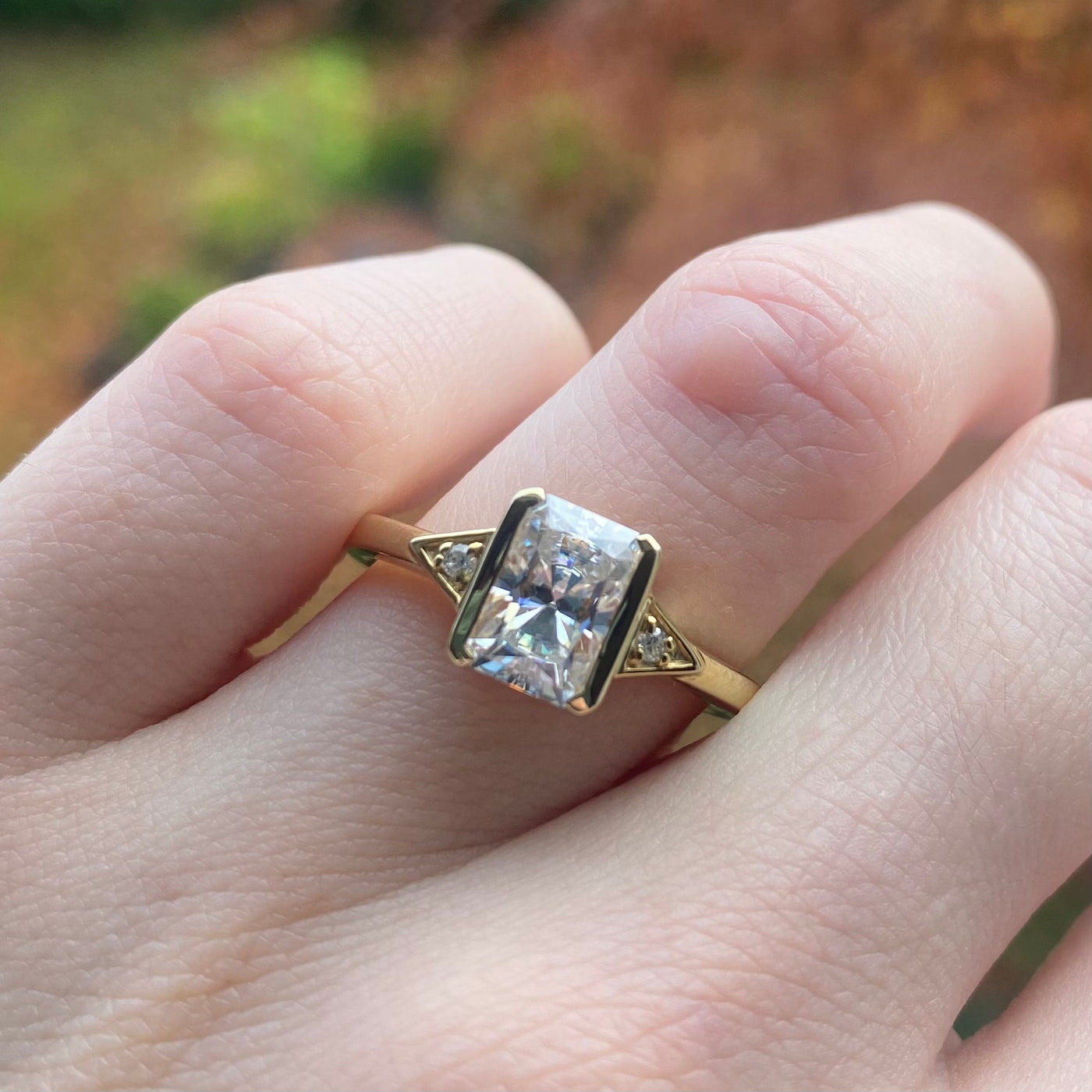 Hattie - Radiant or Emerald Cut Earth or Lab Grown Diamond Half Bezel Set Modern Art Deco Engagement Ring with Diamond Side Stones - Custom Made-to-Order Design