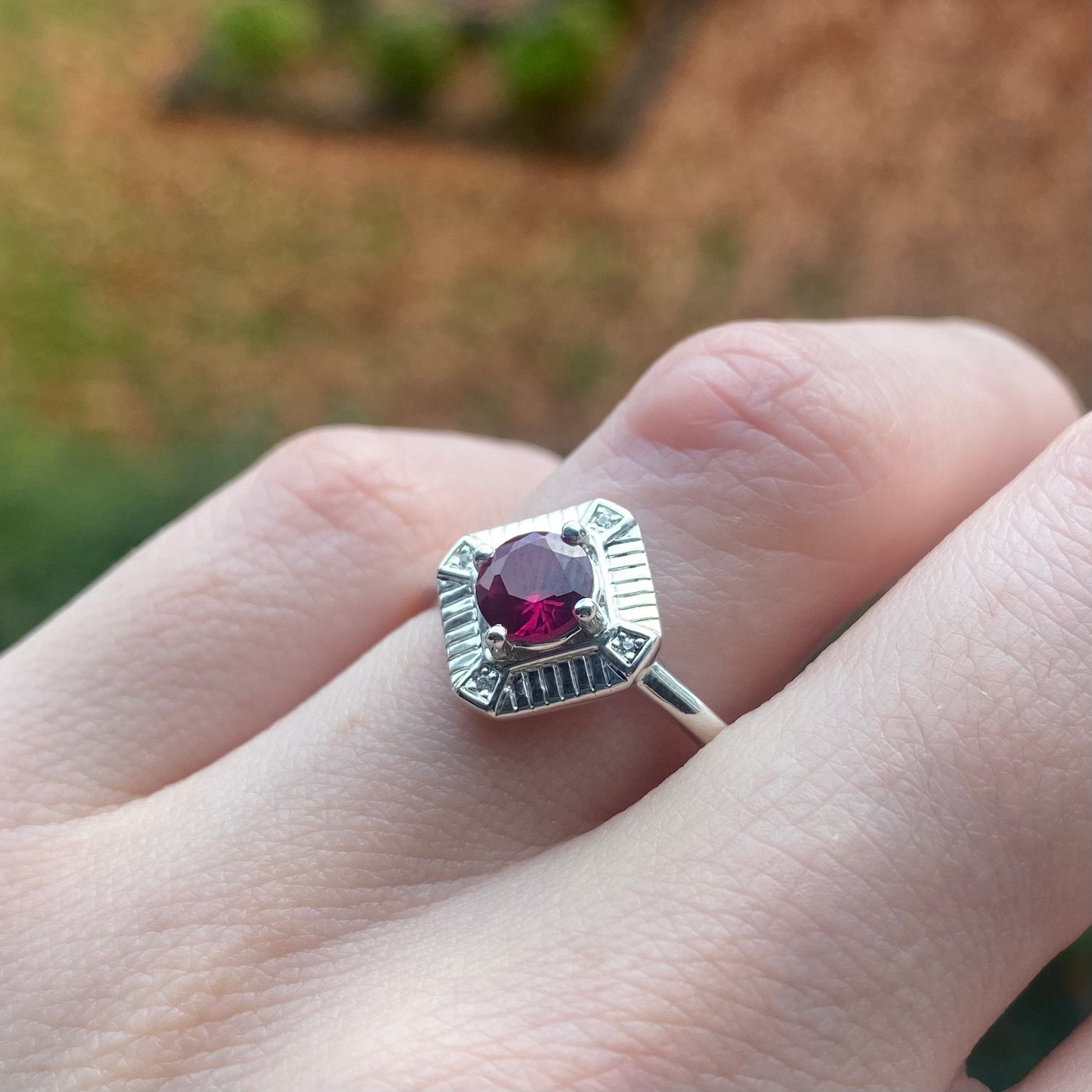 Etta - Round Brilliant Cut Ruby and Lab Grown Diamond Geometric Sunbeam Halo Modern Art Deco Engagement Ring - Made-to-Order