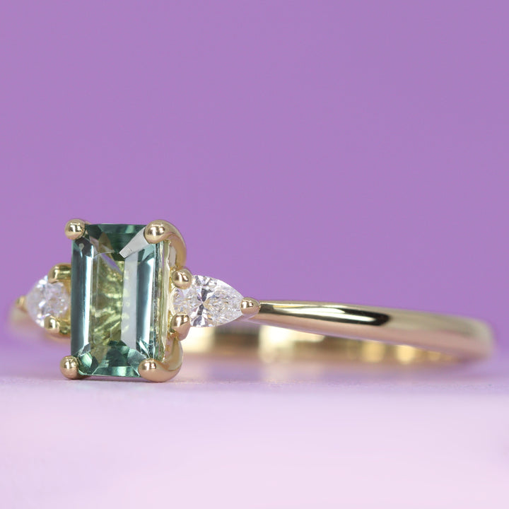 Elspeth - Emerald Cut Lagoon Tourmaline Trilogy Engagement Ring