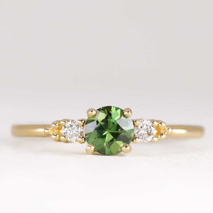 Natalia - Round Brilliant Cut Green Sapphire Trilogy Engagement Ring - Ready-to-Wear