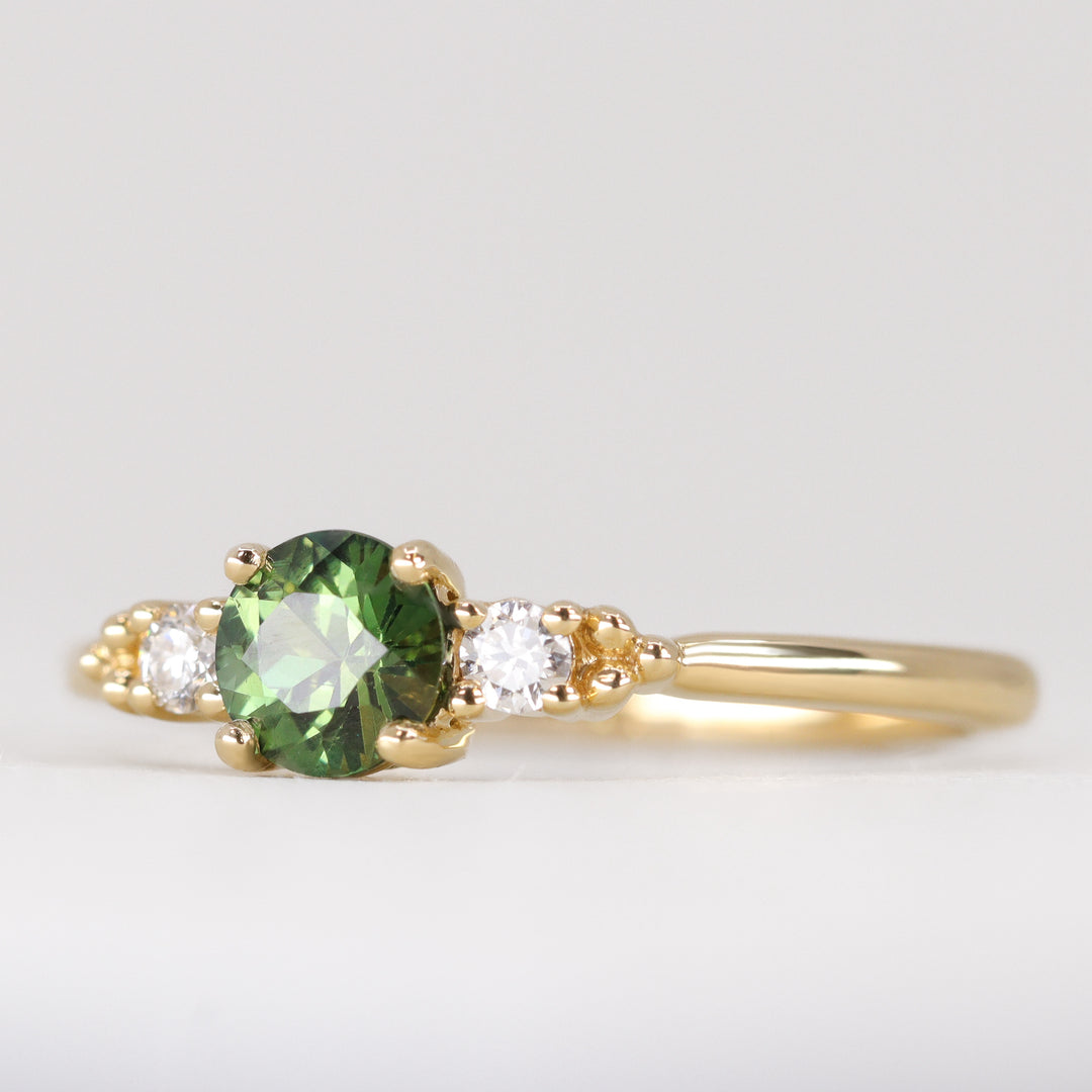 Natalia - Round Brilliant Cut Green Sapphire Trilogy Engagement Ring - Ready-to-Wear