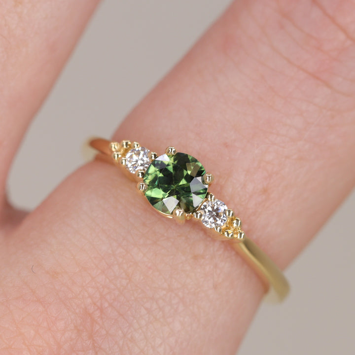 Natalia - Round Brilliant Cut Green Sapphire Trilogy Engagement Ring - Ready-to-Wear