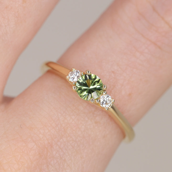 Millie - Round Optix Cut Green Tourmaline Trilogy Engagement Ring - Ready-to-Wear