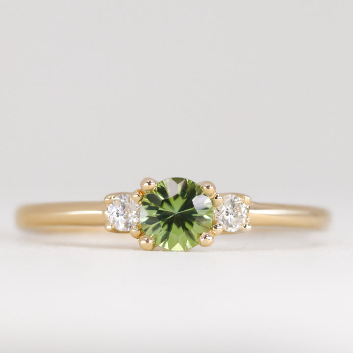 Millie - Round Optix Cut Green Tourmaline Trilogy Engagement Ring - Ready-to-Wear