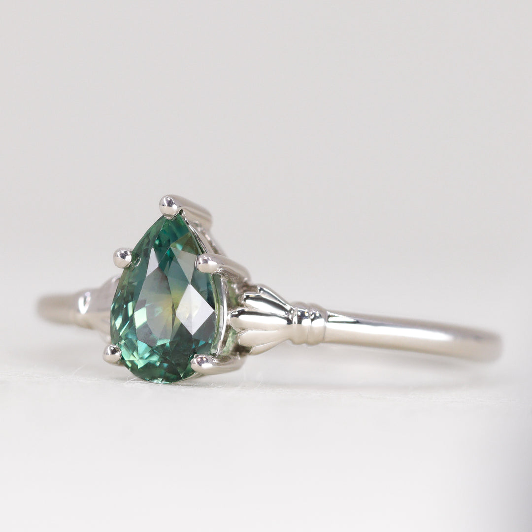 Tilly - Pear Teardrop Cut Teal Sapphire Art Deco Solitaire Engagement Ring - Ready-to-Wear