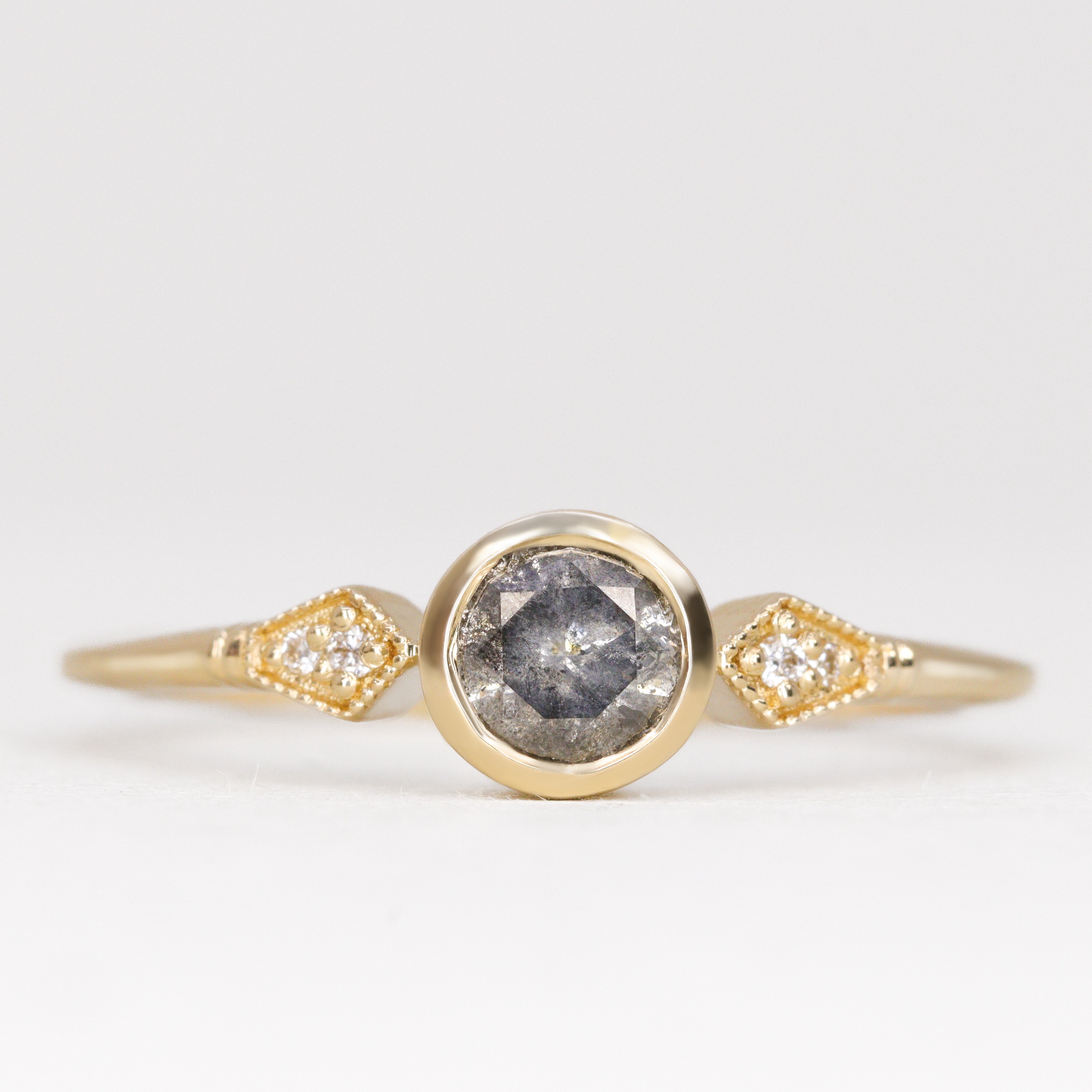 Lola Round Brilliant Cut Salt and Pepper Diamond Art Deco Engagement Ring