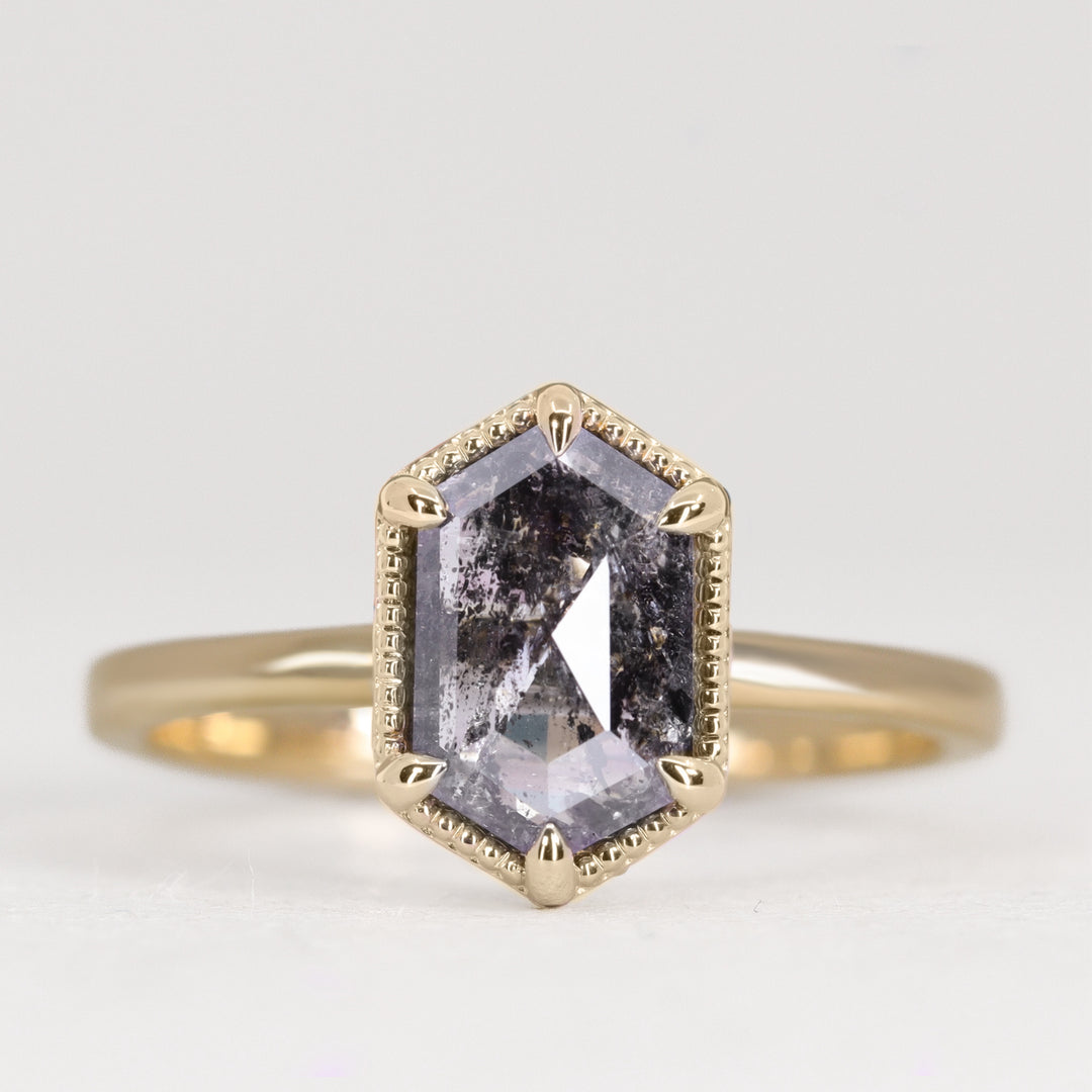 Georgia - Elongated Hexagon Cut Salt and Pepper Diamond Solitaire Engagement Ring