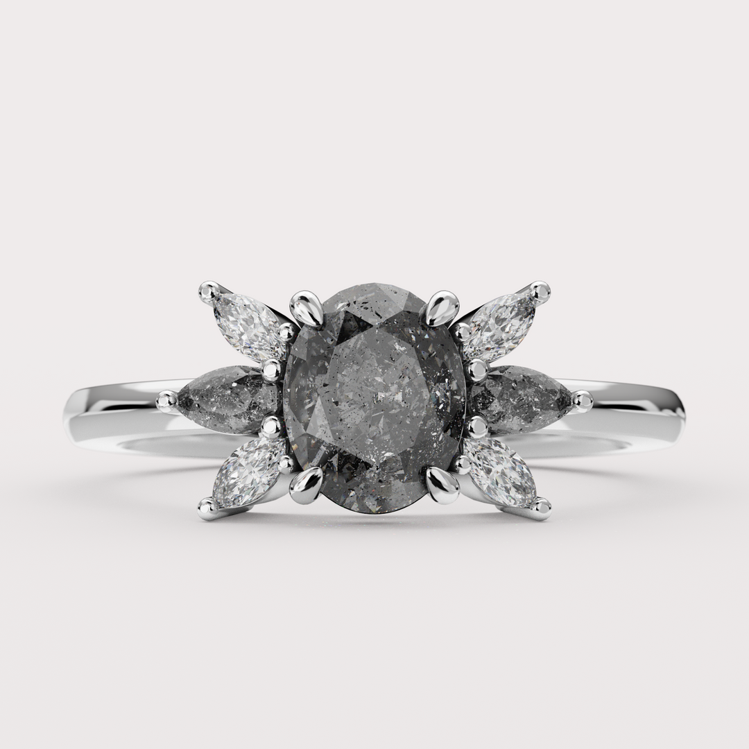 Inez - Oval Salt and Pepper Diamond Cluster Custom Engagement Ring Engagement Rings - Price On Application