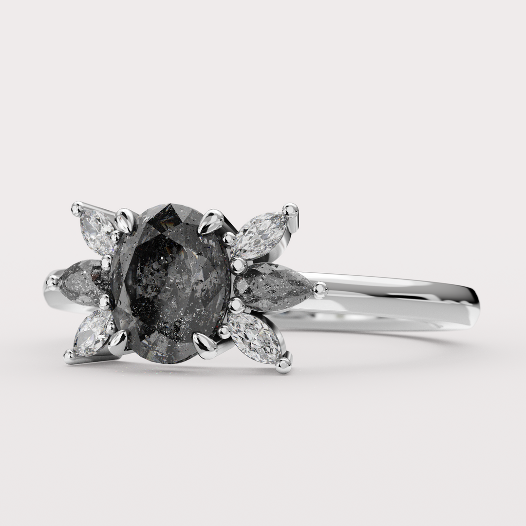 Inez - Oval Salt and Pepper Diamond Cluster Custom Engagement Ring Engagement Rings - Price On Application