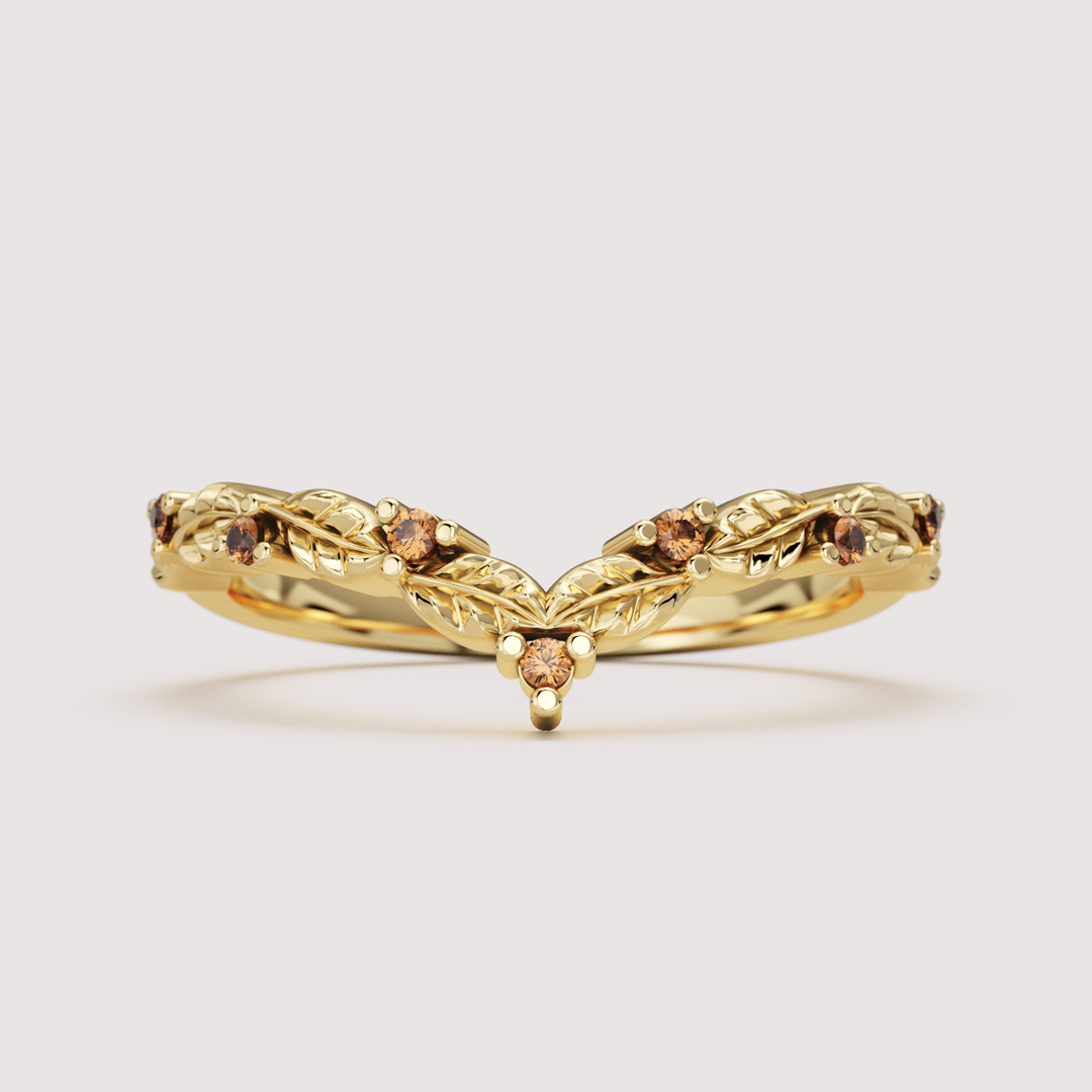 Isadora - Floral Leaf Patterned Diamond Set Wishbone Wedding Ring - Made-to-Order